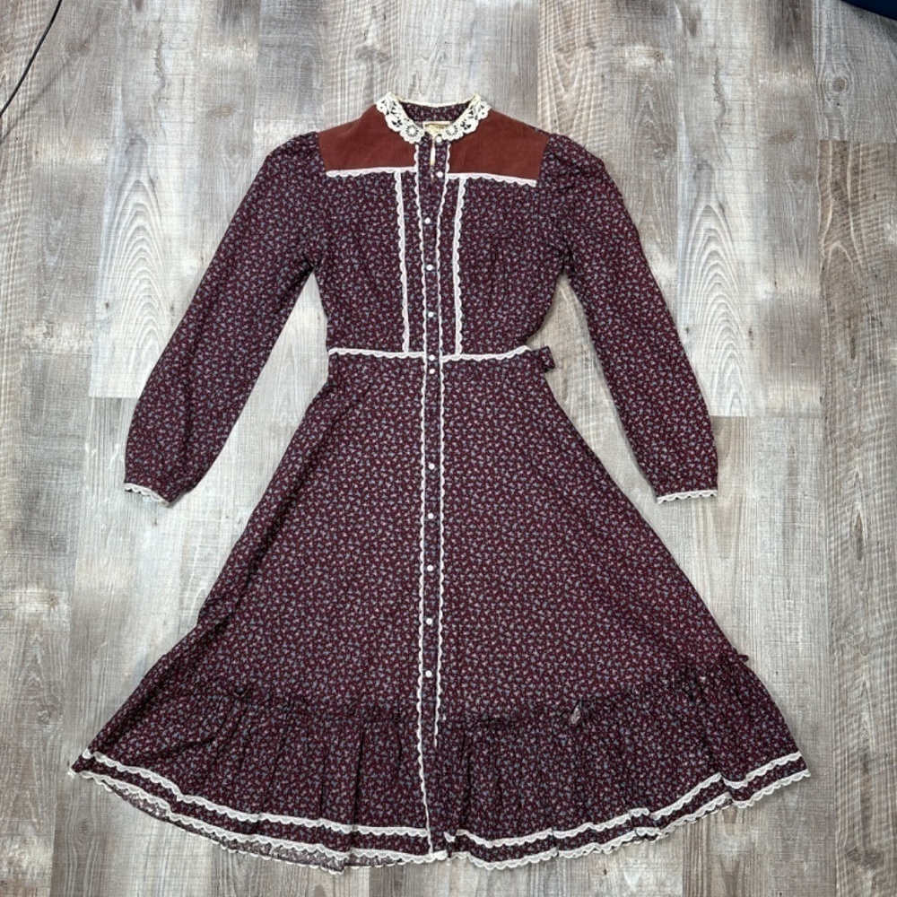 GUNNE SAX Jessica McClintock Cottagecore Prairie Midi Dress Buttons Front Sz M?